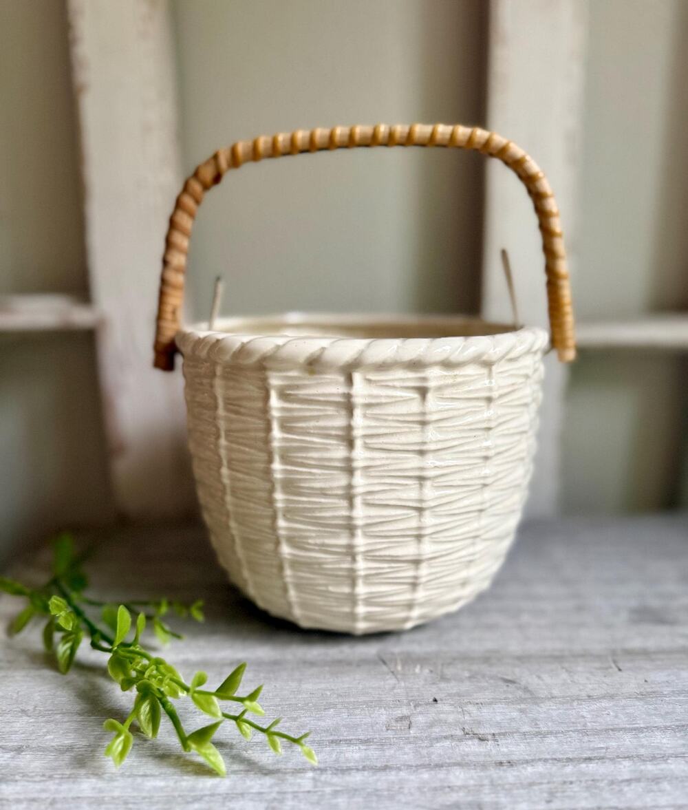 Ceramic Basket Planter with Bamboo Handle | Basket Weave Flower Pot